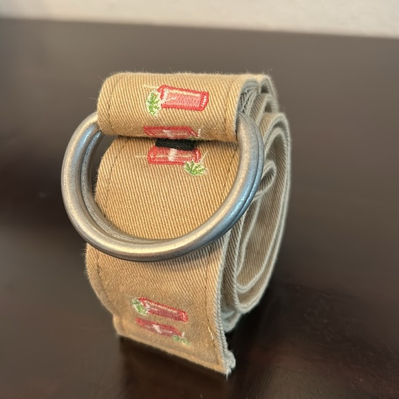 J Crew Tan Belt Tension Buckle Woven Cotton Embroidered Umbrella cocktails M/L - Picture 7 of 8